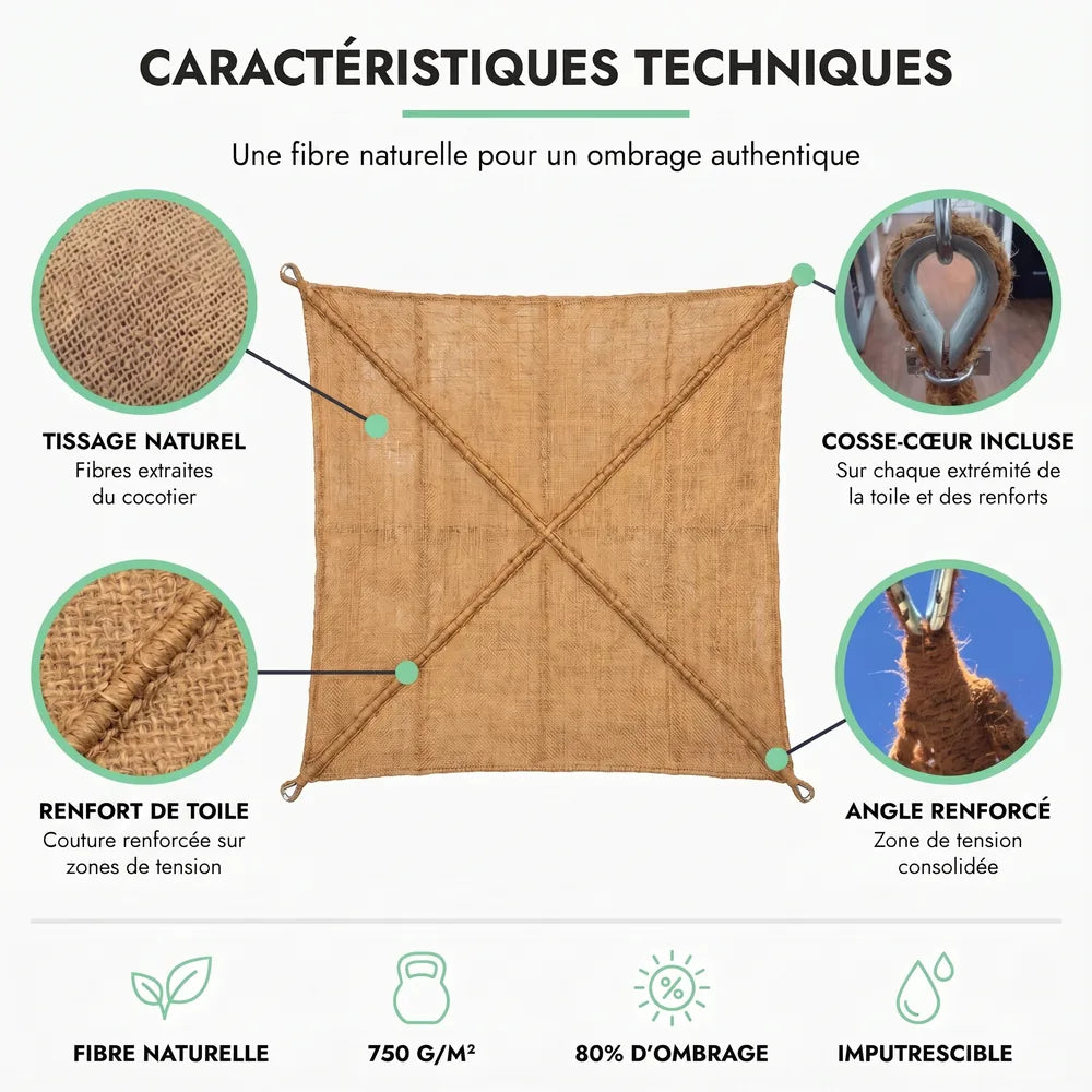 Caractéristiques techniques de la voile d'ombrage en coco : tissage naturel, cosse-cœur incluse, renfort de toile, angle renforcé