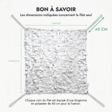 À savoir : dimensions du filet seul, dragonne en polyester de 40 cm à chaque coin, filet blanc