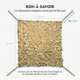 À savoir : dimensions du filet seul, dragonne en polyester de 40 cm à chaque coin, filet sable
