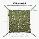 À savoir : dimensions du filet seul, dragonne en polyester de 40 cm à chaque coin, filet vert
