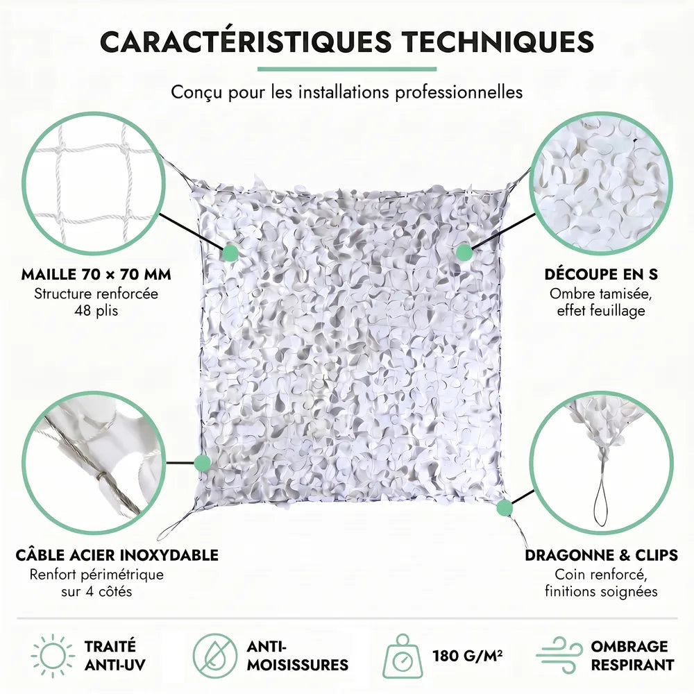 Caractéristiques techniques du filet de camouflage renforcé à câble acier : maille 70 × 70 mm, câble acier inoxydable, dragonne et clips