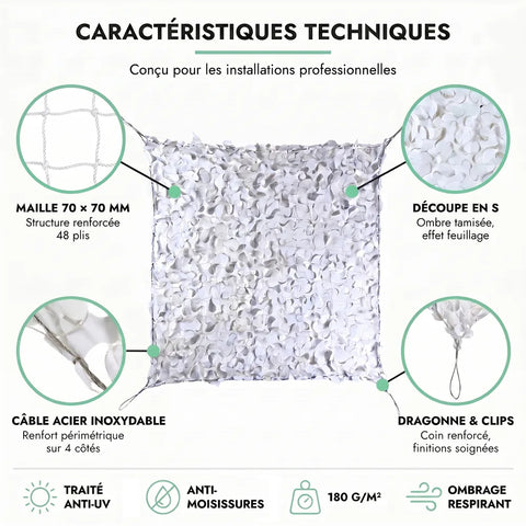 Caractéristiques techniques du filet de camouflage renforcé à câble acier : maille 70 × 70 mm, câble acier inoxydable, dragonne et clips
