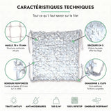 Caractéristiques techniques du filet de camouflage blanc : maille 70 × 70 mm, découpe en S, bordure renforcée, dragonne et clips