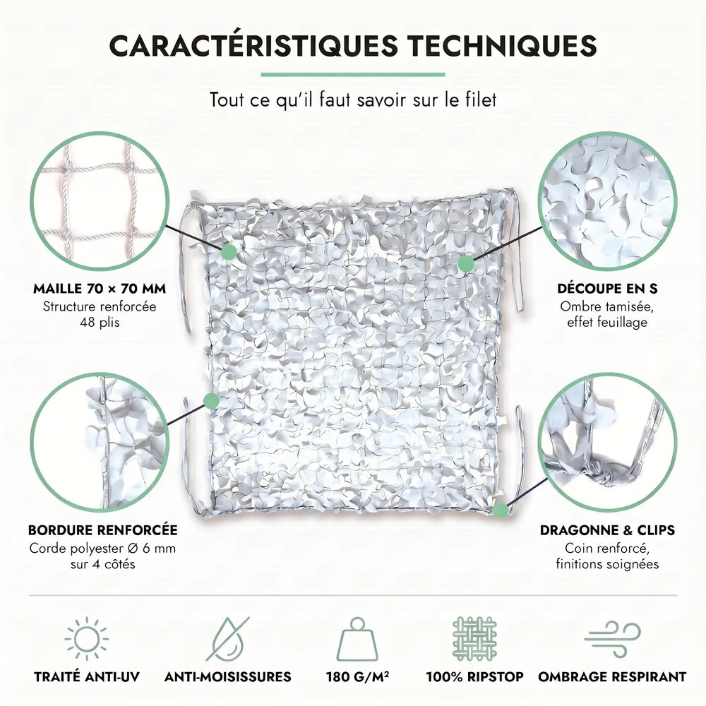 Caractéristiques techniques du filet de camouflage blanc : maille 70 × 70 mm, découpe en S, bordure renforcée, dragonne et clips