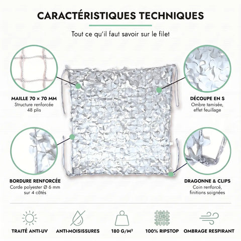 Caractéristiques techniques du filet de camouflage blanc : maille 70 × 70 mm, découpe en S, bordure renforcée, dragonne et clips