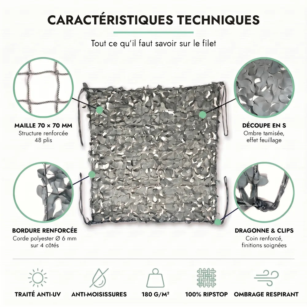 Caractéristiques techniques du filet de camouflage gris : maille 70 × 70 mm, découpe en S, bordure renforcée, dragonne et clips