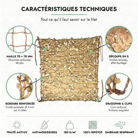 Caractéristiques techniques du filet de camouflage sable : maille 70 × 70 mm, découpe en S, bordure renforcée, dragonne et clips